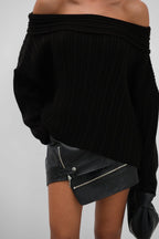 Boat Neck Ribbed Knit Black Sweater