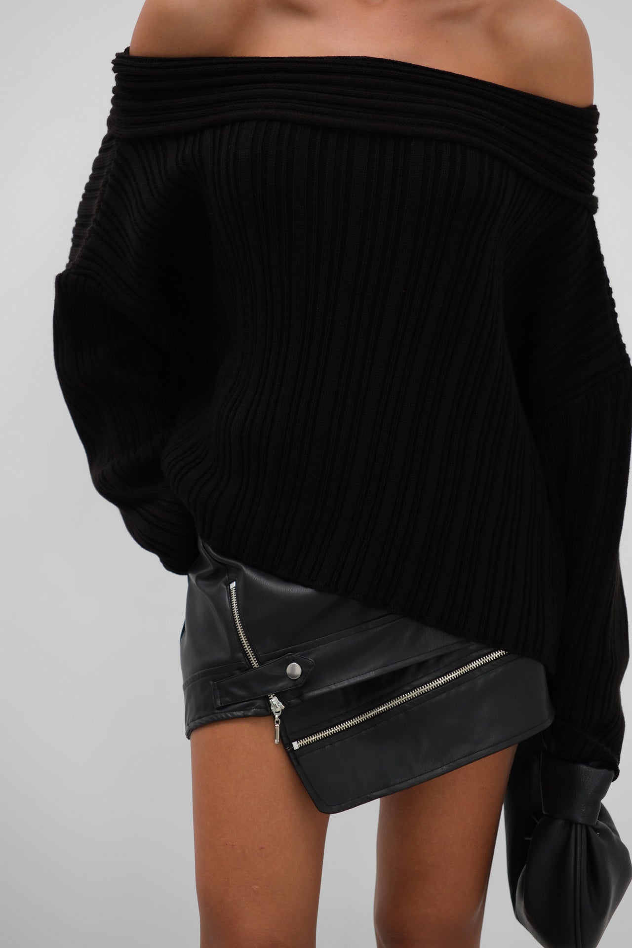 Boat Neck Ribbed Knit Black Sweater