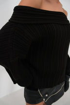 Boat Neck Ribbed Knit Black Sweater