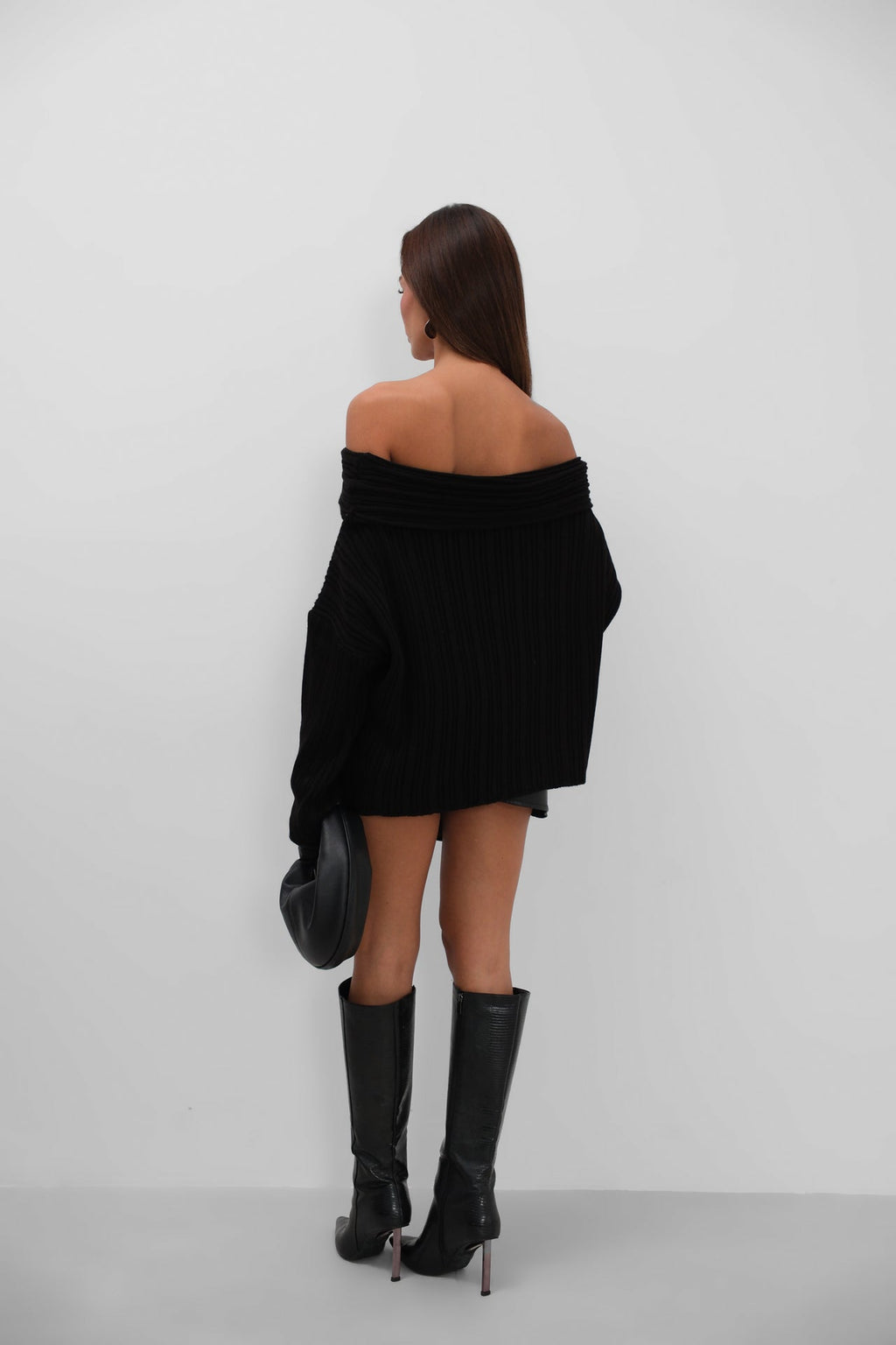 Boat Neck Ribbed Knit Black Sweater