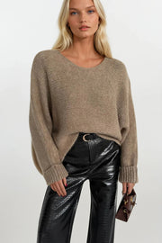 Boat Neck Fold-Up Sleeve Beige Knit Sweater
