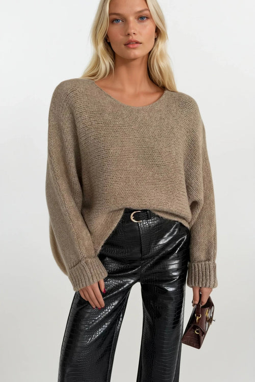 Boat Neck Folded Sleeve Beige Knit Sweater