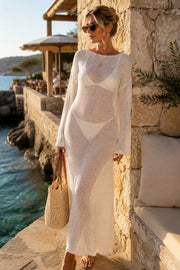 Boat Neck Sequin Maxi White Pareo Dress