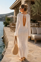 Boat Neck Sequined Maxi White Pareo Dress