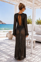 Boat Neck Sequined Maxi Black Pareo Dress