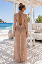 Boat Neck Sequined Maxi Beige Pareo Dress