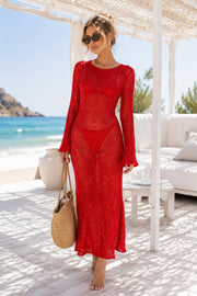 Boat Neck Sequin Maxi Red Pareo Dress