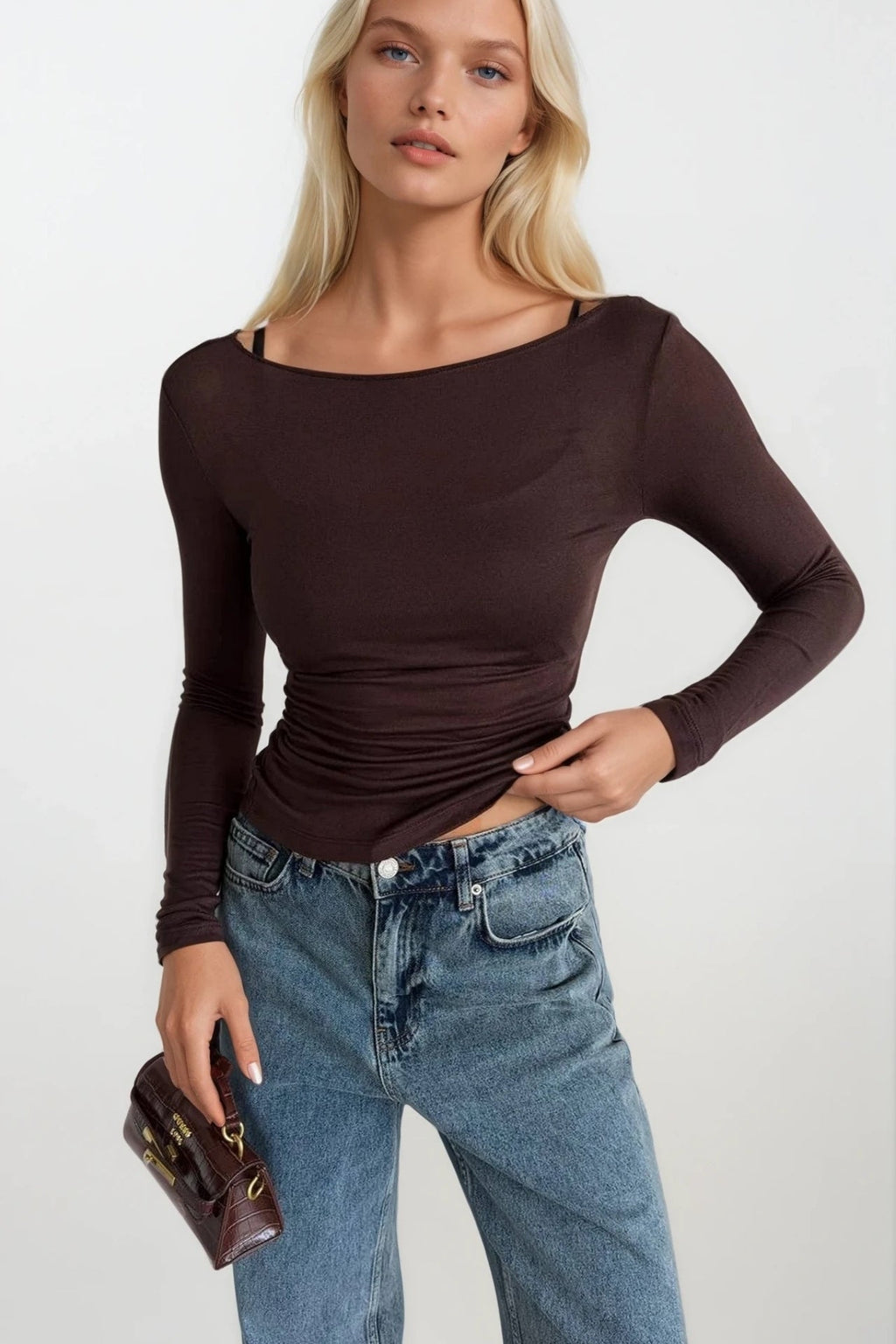Boat Neck Brown Transparent Blouse