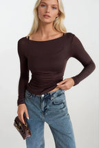 Boat Neck Brown Transparent Blouse