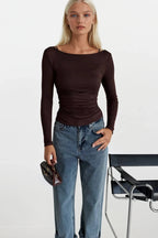 Boat Neck Brown Transparent Blouse