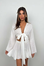 Boat Neck Long Sleeve White Crop Top