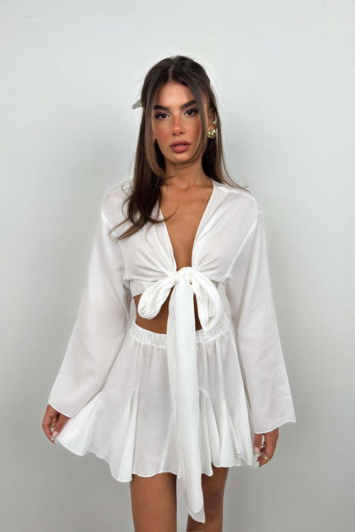 Boat Neck Long Sleeve White Crop Top
