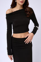 Boat Neck Long Sleeve Black Blouse