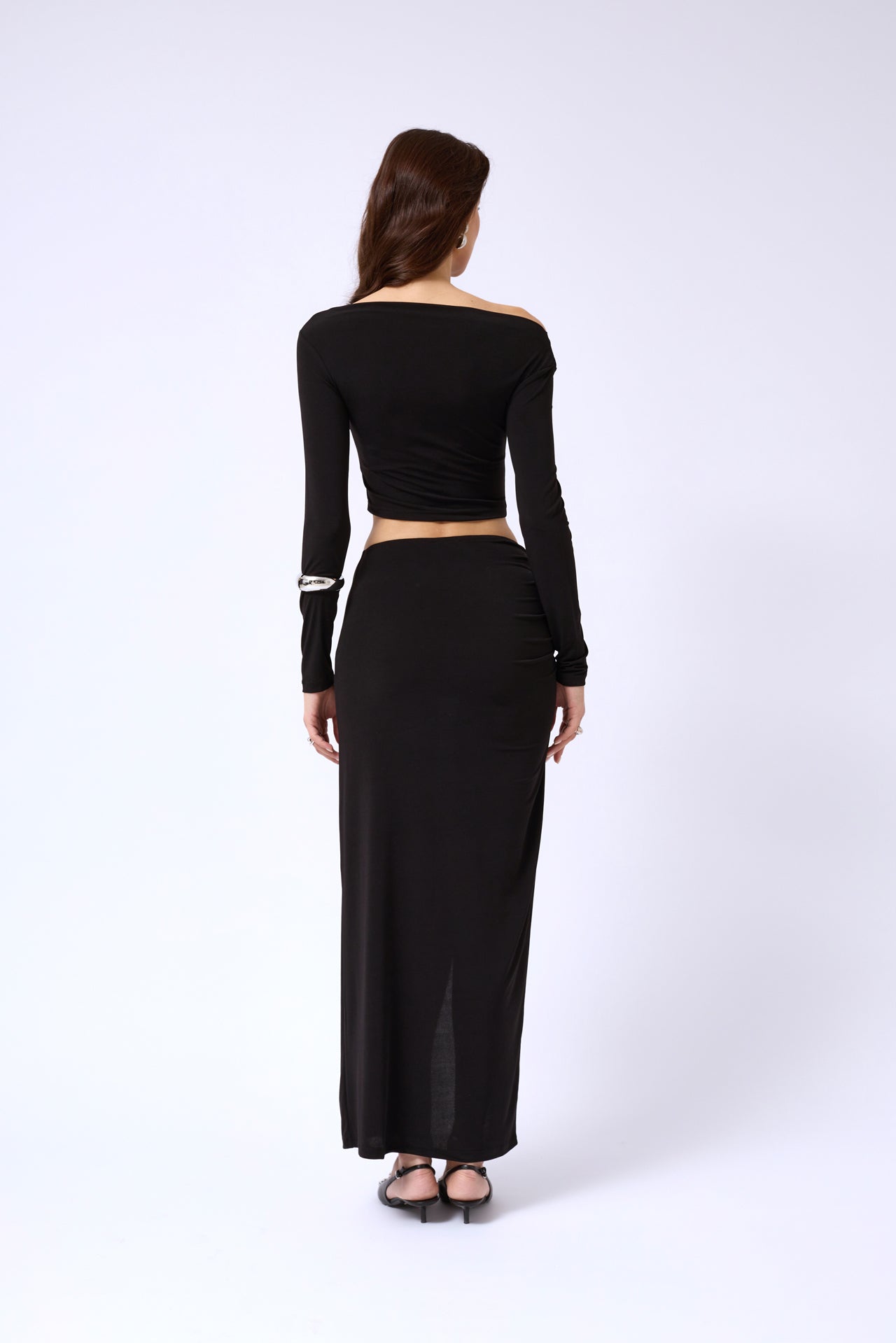 Boat Neck Long Sleeve Black Blouse