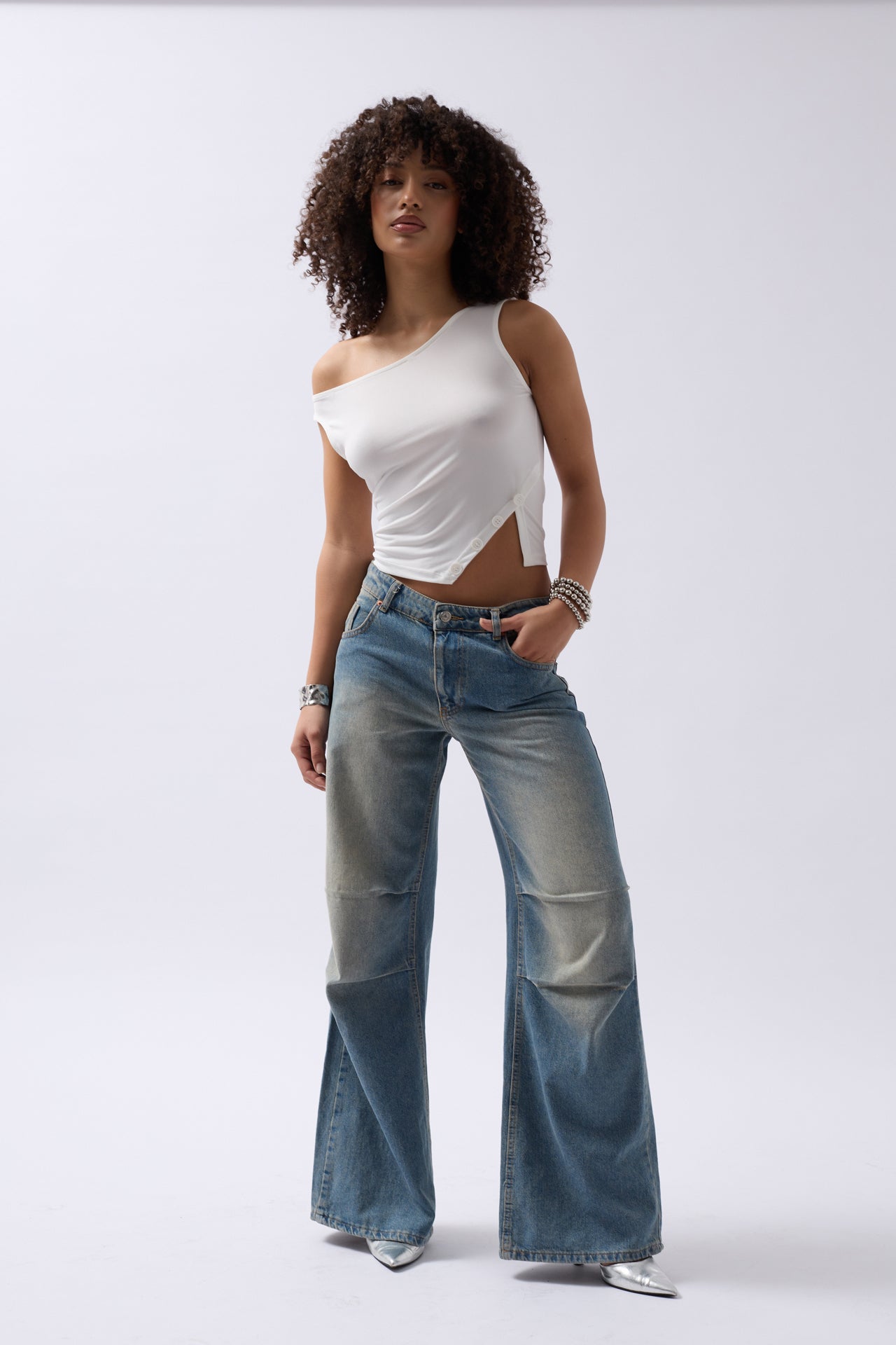Boat Neck Slit Detail White Blouse