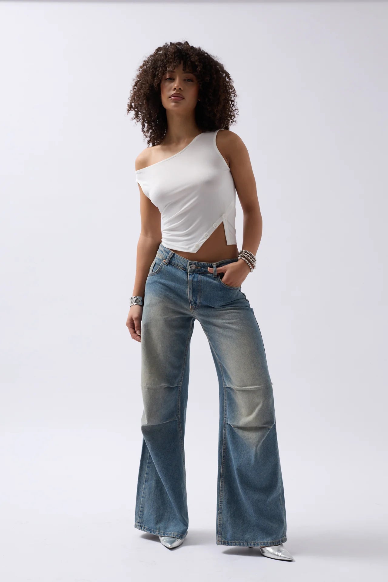 Boat Neck Slit Detail White Blouse