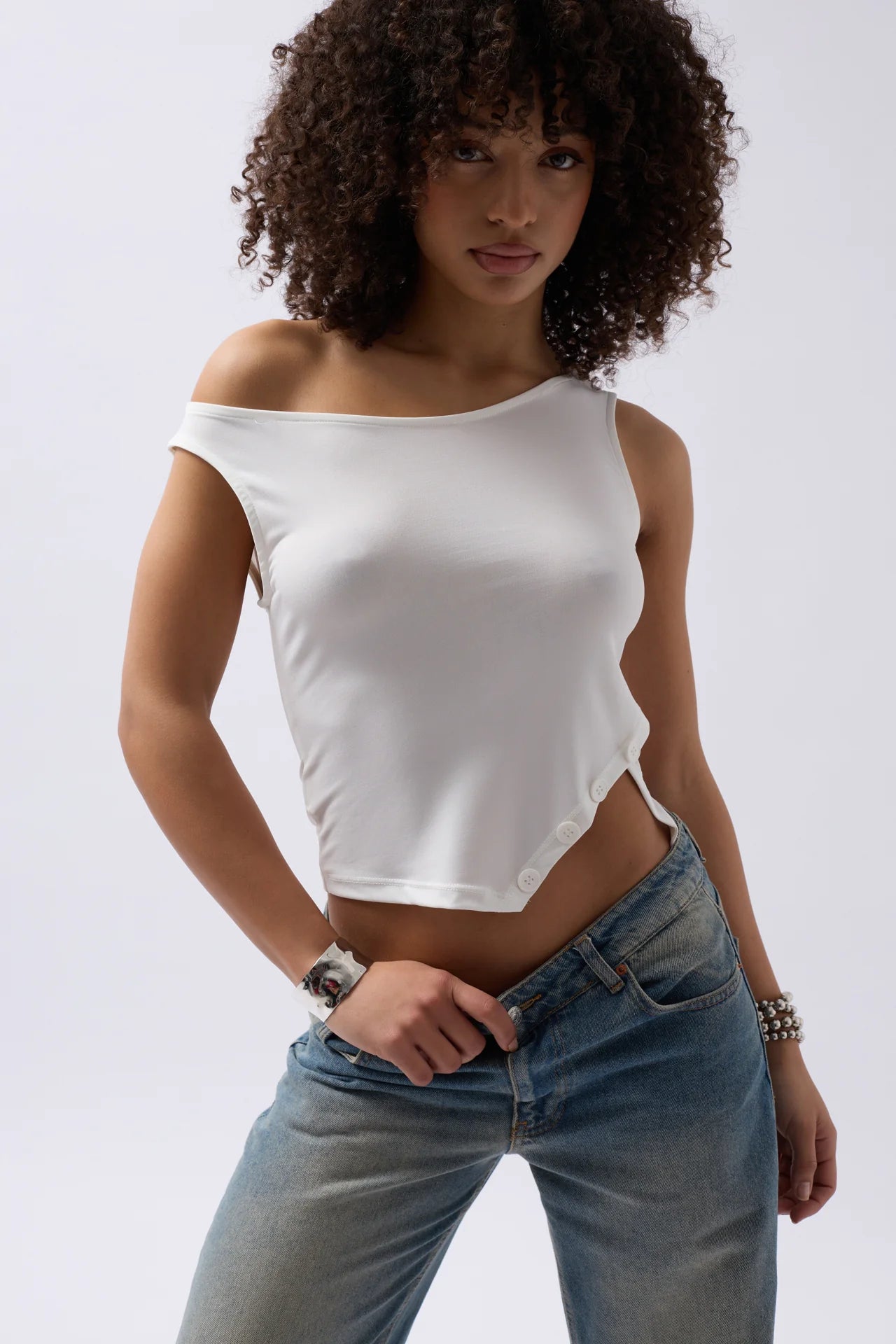 Boat Neck Slit Detail White Blouse