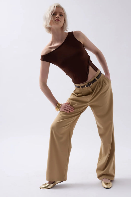 Boat Neck Slit Detail Brown Blouse