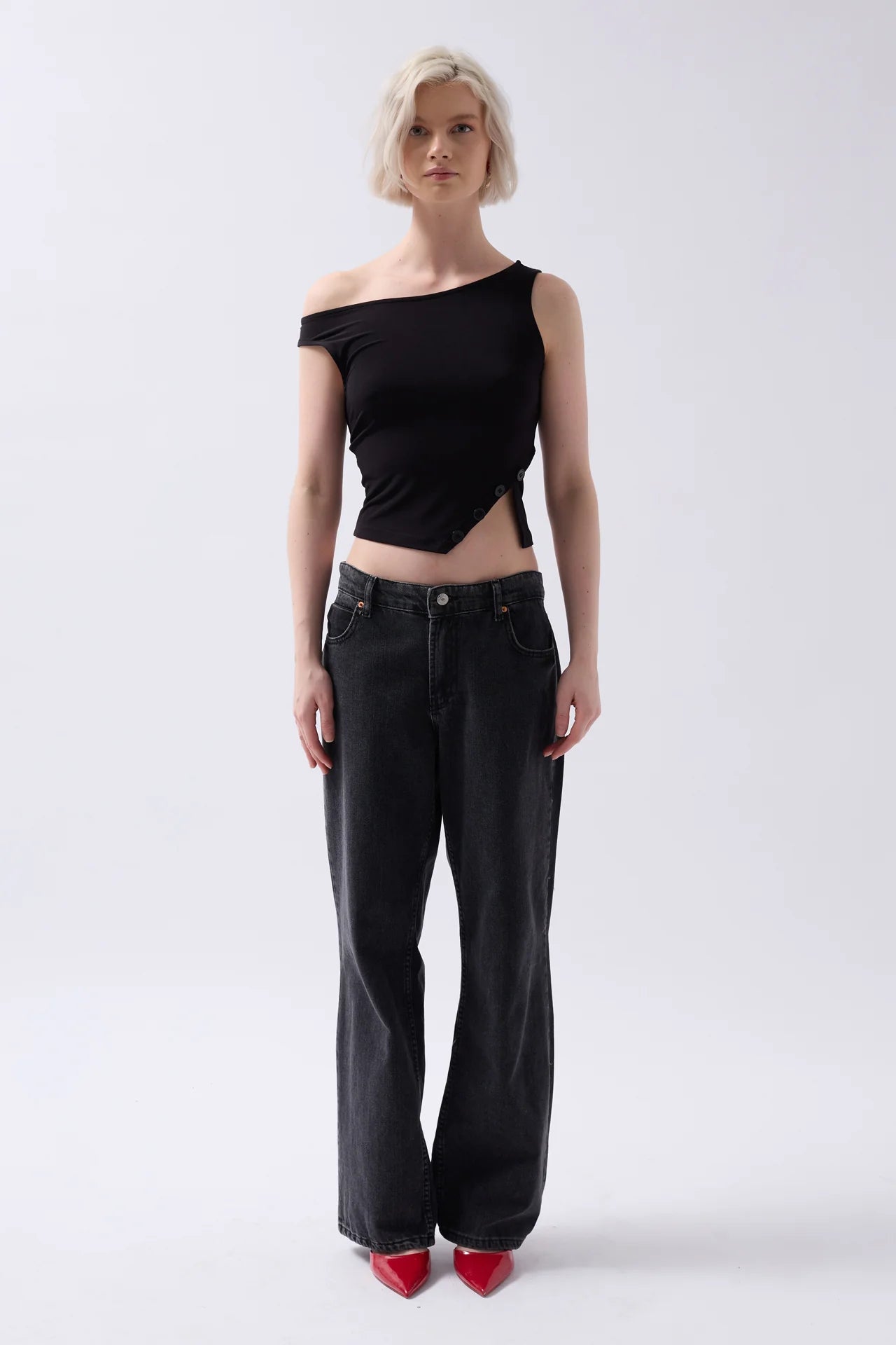 Boat Neck Slit Detail Black Blouse