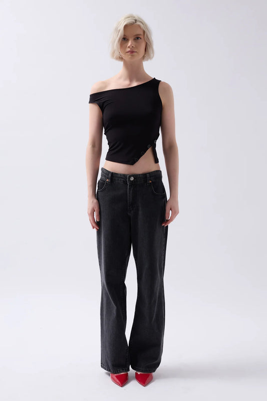 Boat Neck Slit Detail Black Blouse