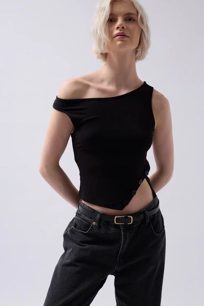Boat Neck Slit Detail Black Blouse