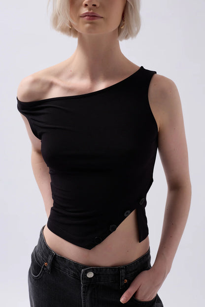 Boat Neck Slit Detail Black Blouse