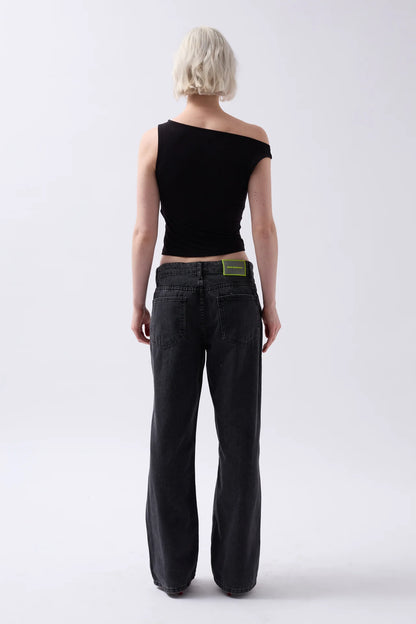 Boat Neck Slit Detail Black Blouse