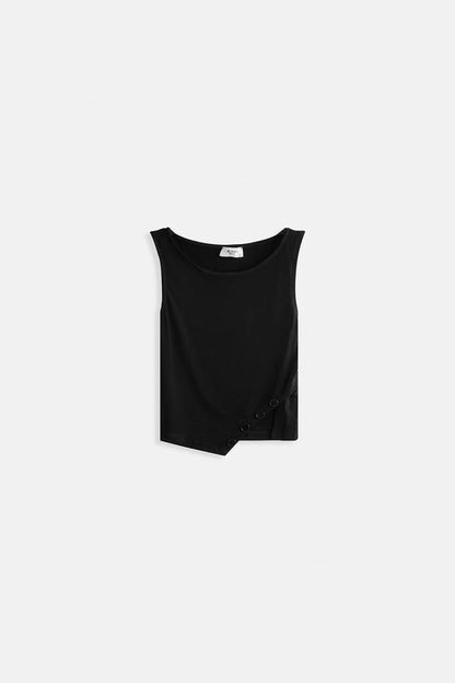 Boat Neck Slit Detail Black Blouse