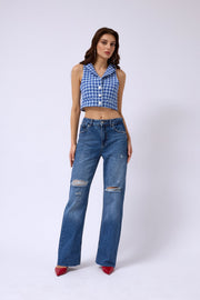 Houndstooth Crop Saxe Blue Vest