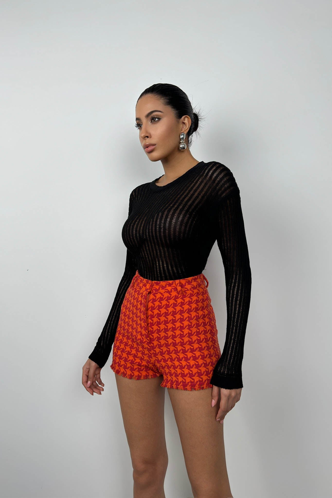 Houndstooth Tweed Orange Red Shorts
