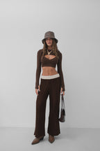 Belt Detail Wide-Leg Brown Knit Pants