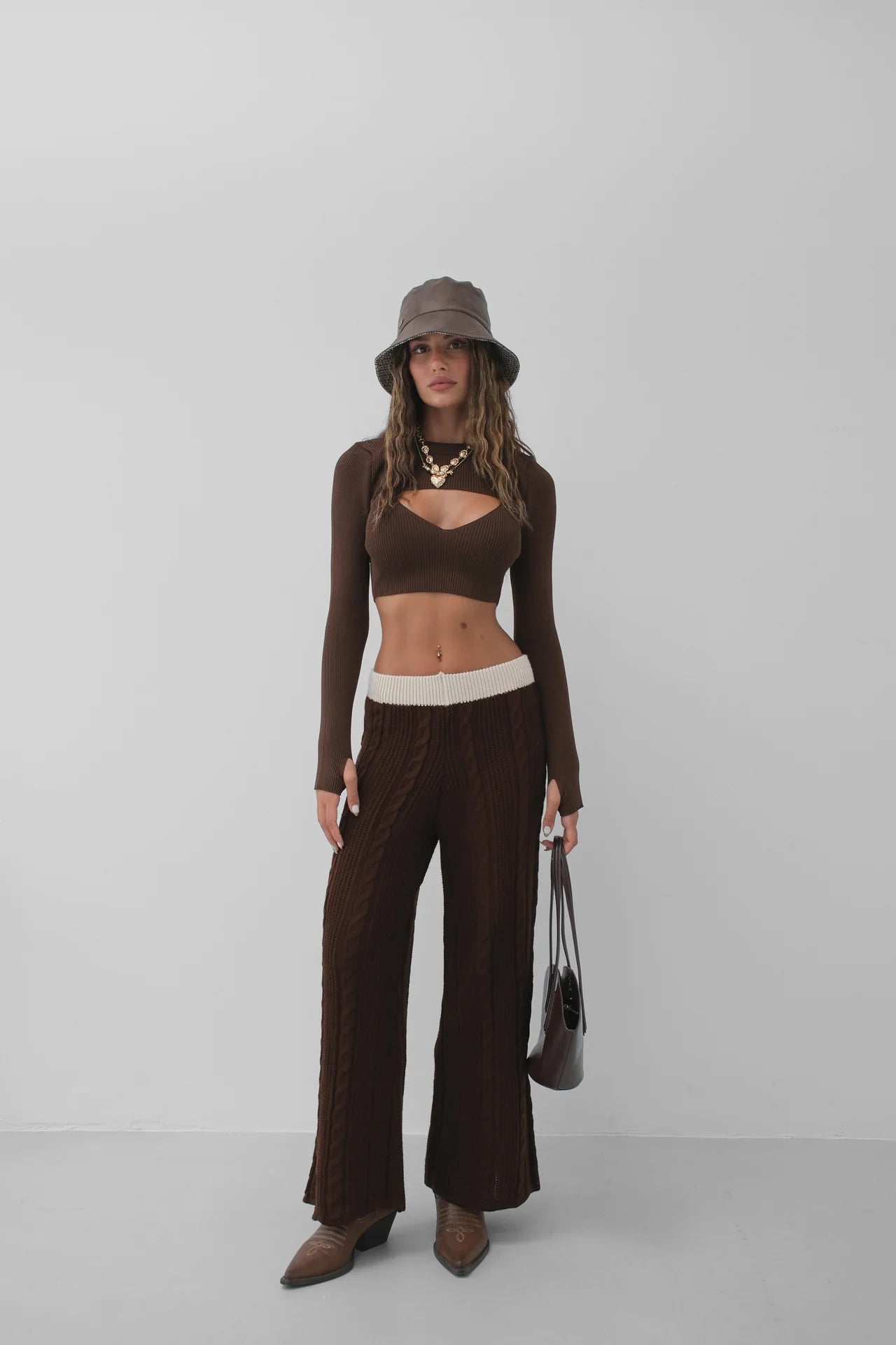 Belt Detail Wide Leg Brown Knitted Trousers