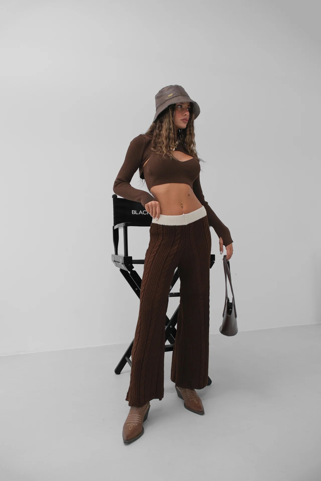 Belt Detail Wide Leg Brown Knitted Trousers