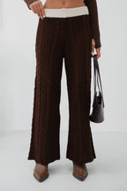 Belt Detail Wide-Leg Brown Knit Pants