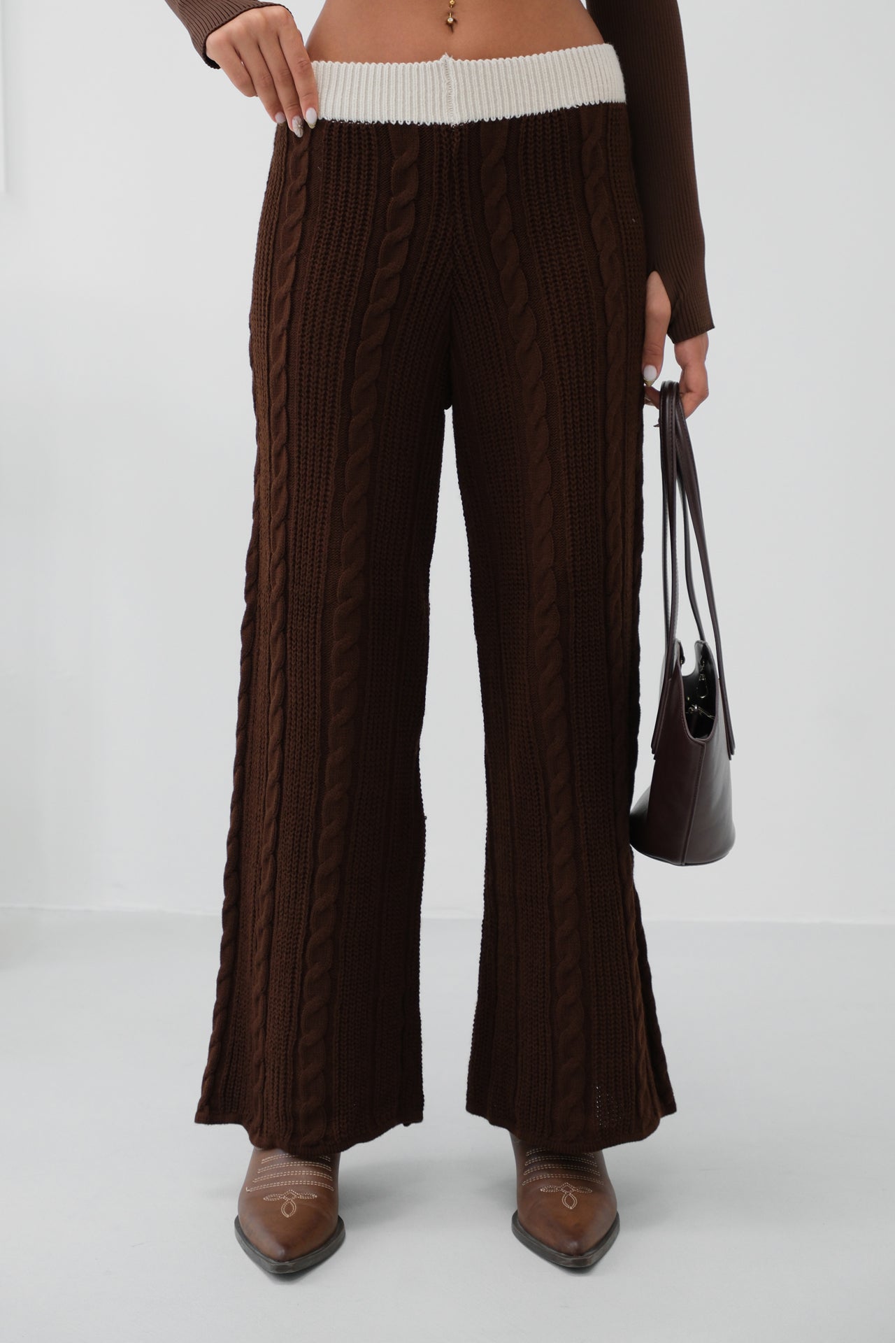 Belt Detail Wide-Leg Brown Knit Pants