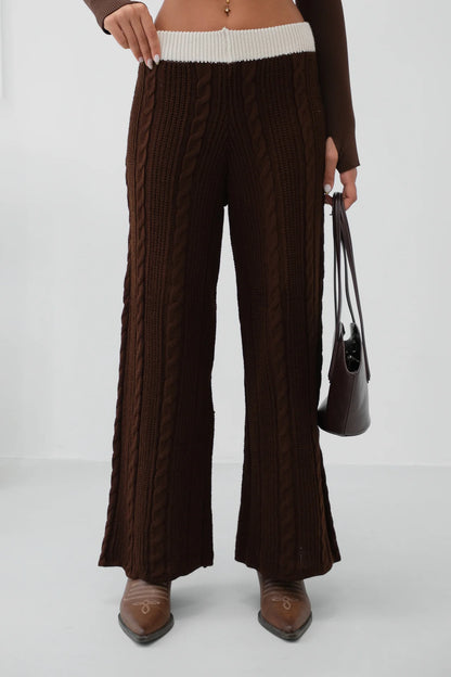 Belt Detail Wide Leg Brown Knitted Trousers