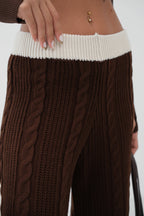 Belt Detail Wide-Leg Brown Knit Pants