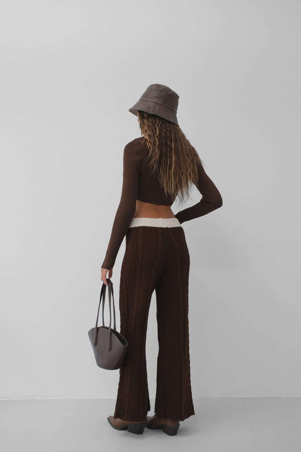 Belt Detail Wide-Leg Brown Knit Pants
