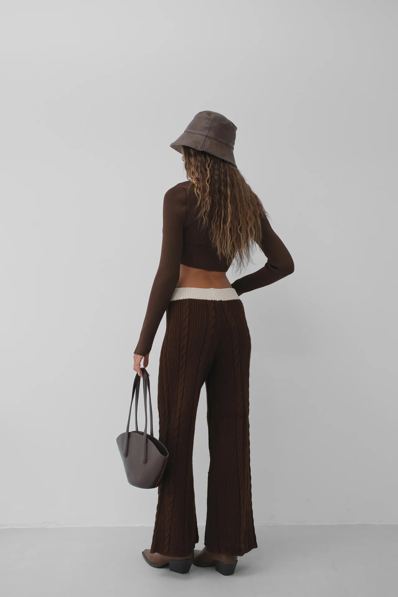 Belt Detail Wide Leg Brown Knitted Trousers