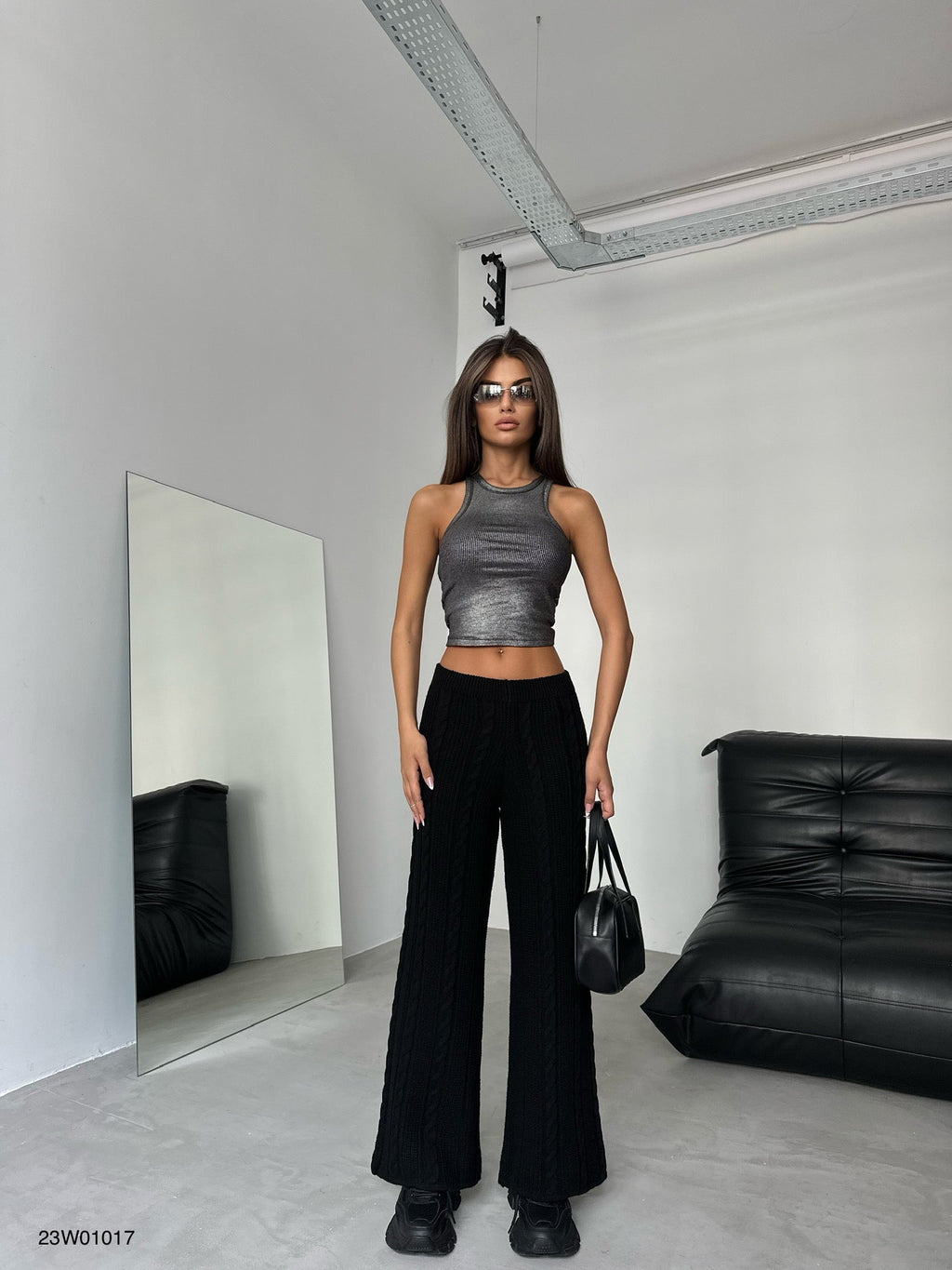 Belt Detail Wide-Leg Black Knit Pants