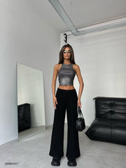 Belt Detail Wide Leg Black Knitted Trousers