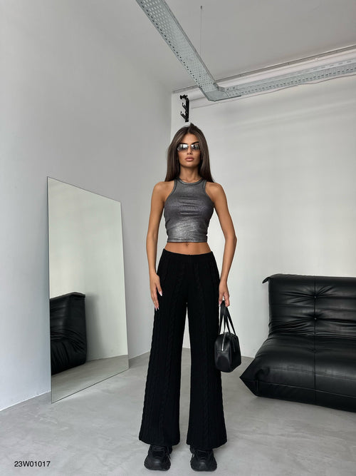 Belt Detail Wide-Leg Black Knit Pants