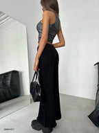 Belt Detail Wide-Leg Black Knit Pants
