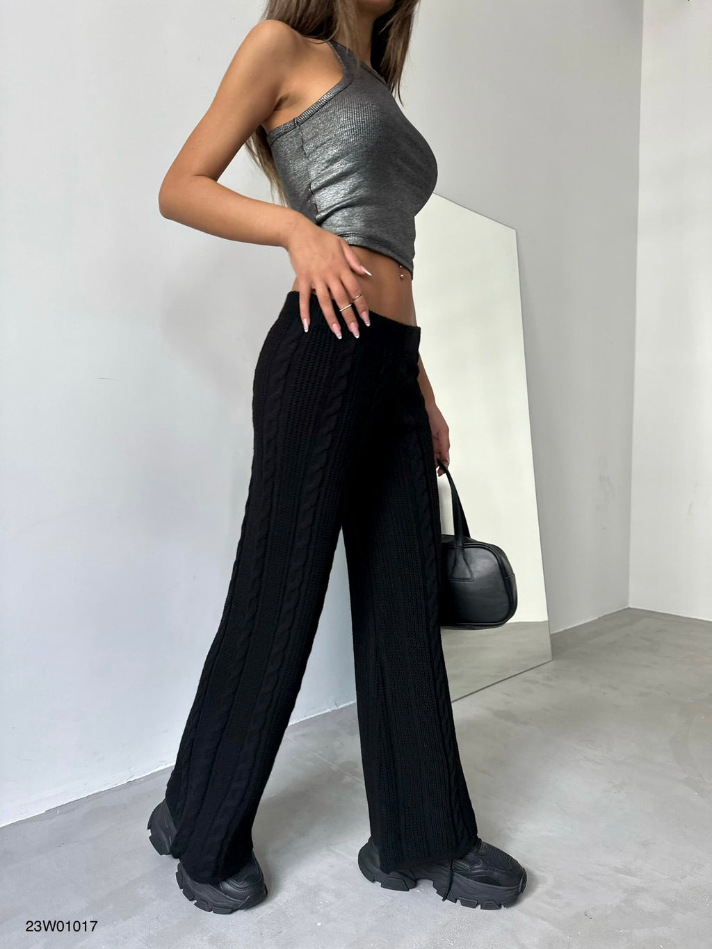 Belt Detail Wide-Leg Black Knit Pants