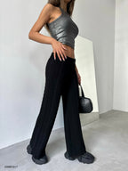Belt Detail Wide-Leg Black Knit Pants