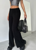 Belt Detail Wide-Leg Black Knit Pants