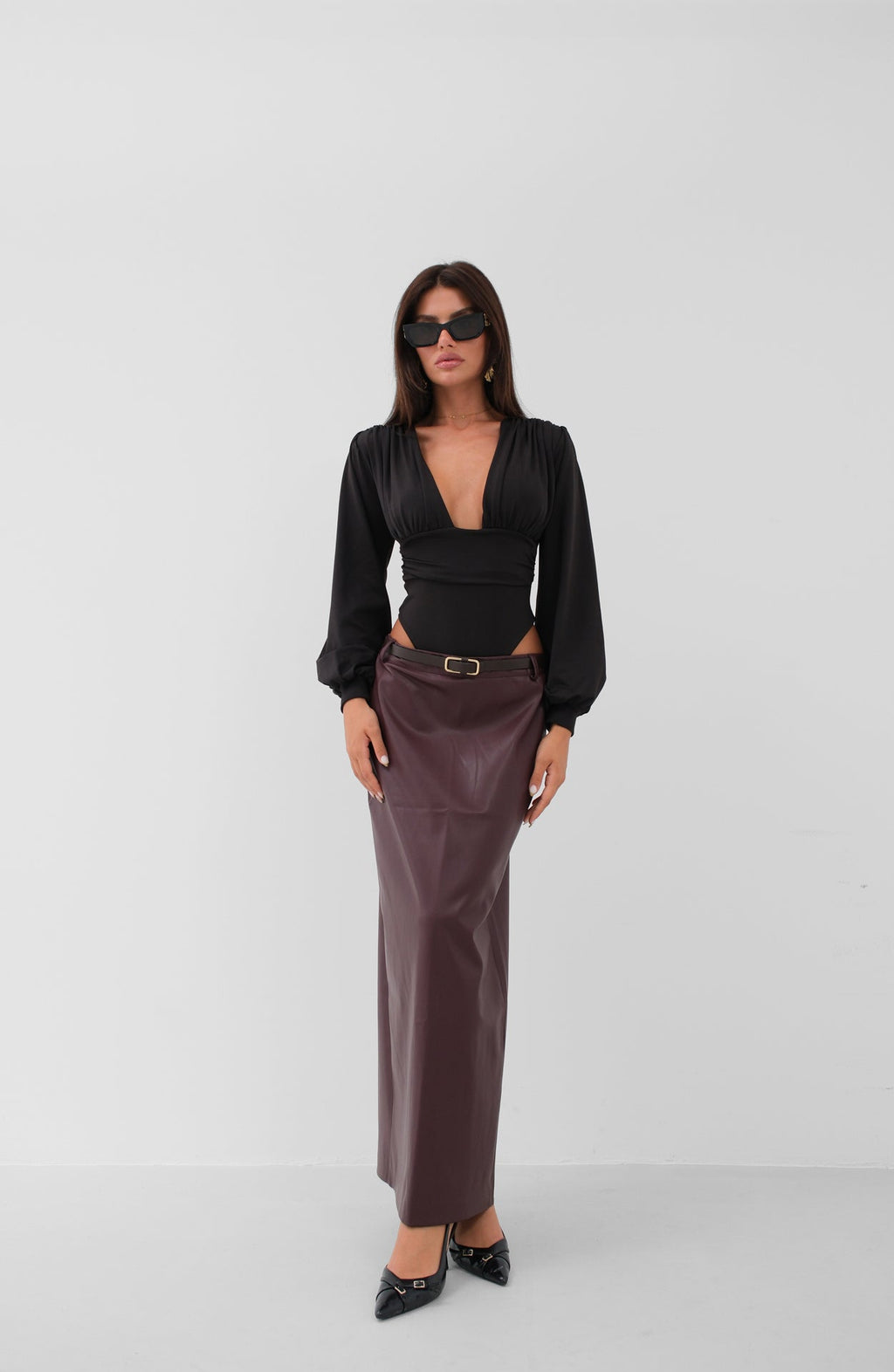Belt Detail Burgundy Leather Skirt