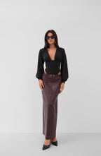 Belt Detail Burgundy Leather Skirt