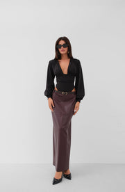 Belt Detail Burgundy Leather Skirt