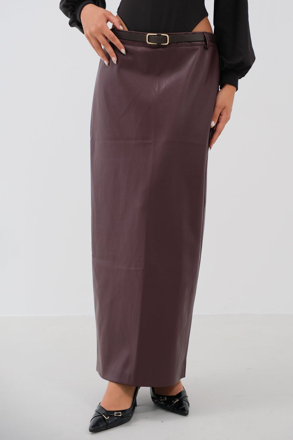 Belt Detail Burgundy Leather Skirt